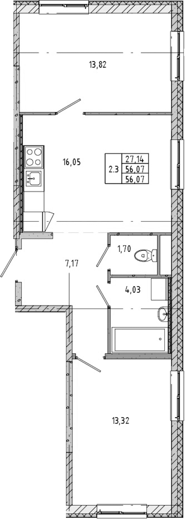 2-комнатная квартира 57.57 м², 2/12 эт., ЖК «Новые горизонты 2»